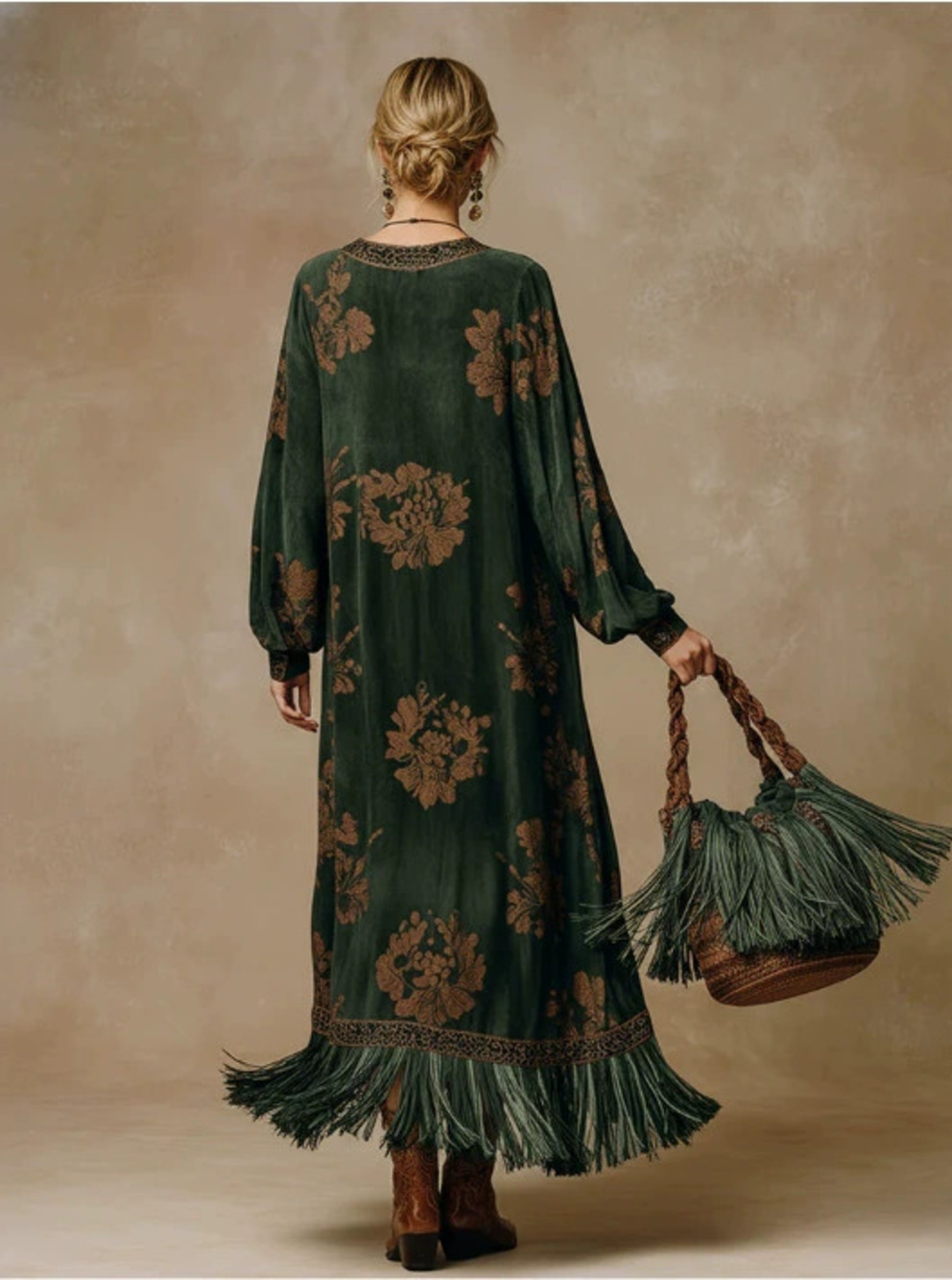 Vintage Silhouette Print Green Faux Suede Fringe Maxi Dress